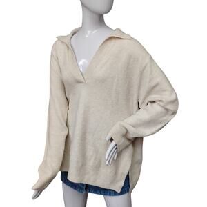 H&M Oversized Sweater Top Size Small Oatmeal Beige Long Sleeve Collared